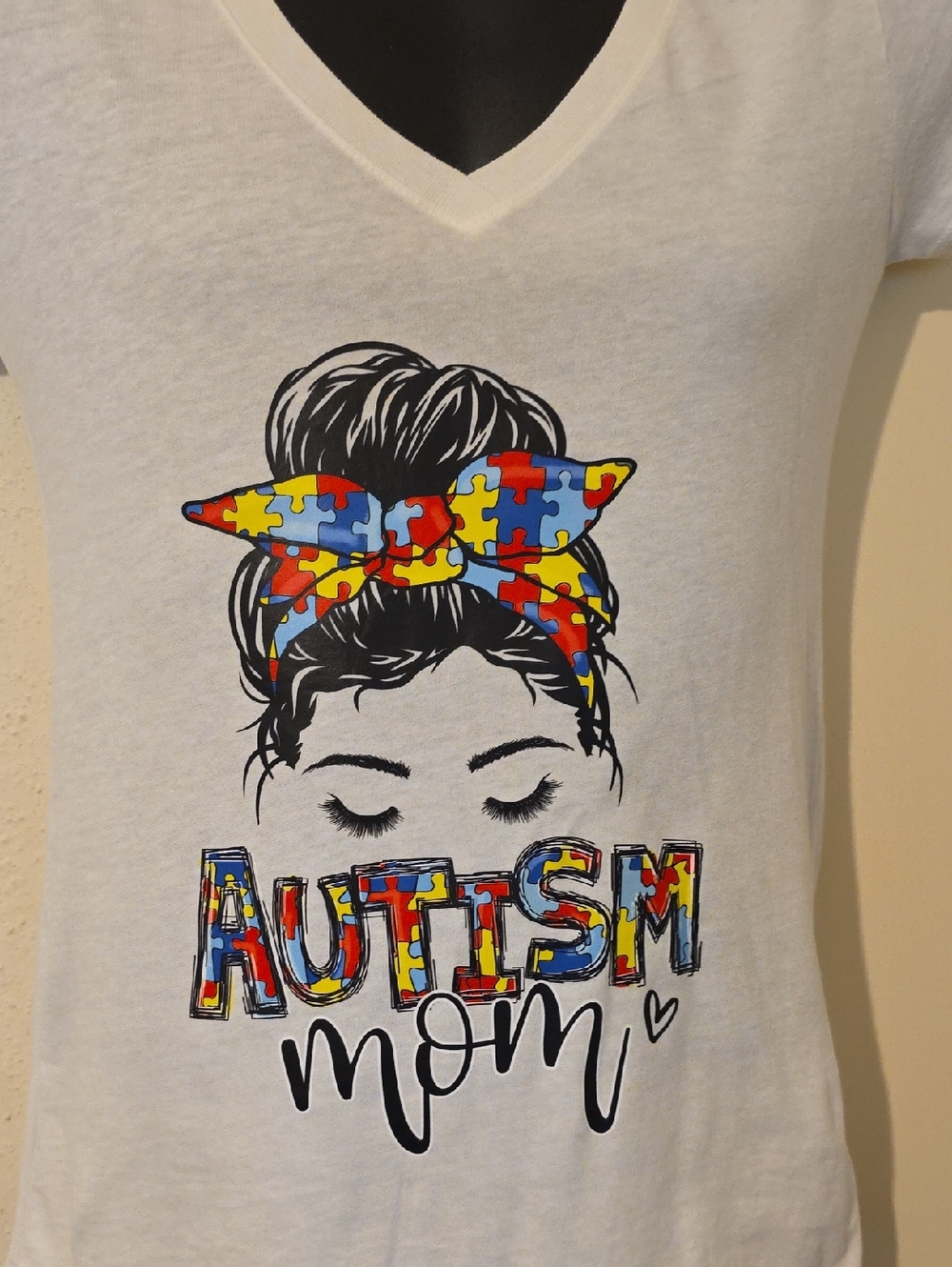 Autism Mom Puzzle-Print V-Neck Tee - White - Picture 2 of 7